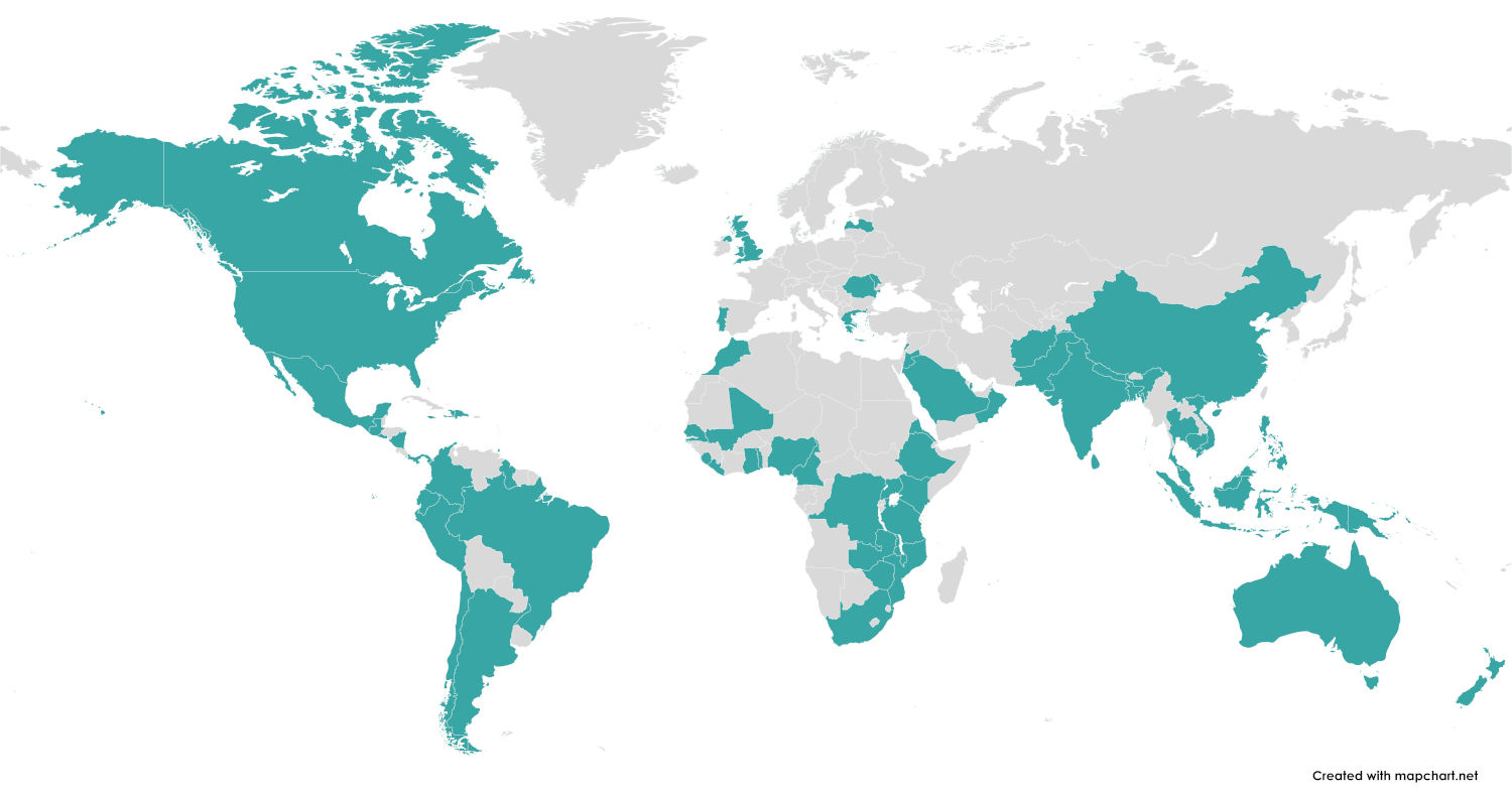 Image of a map of the world showing countries in green color where Optometry Giving Sight has funded projects which make an impact.