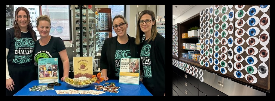 Collage of two WSDC 2025 participant photos Two photos surrounded by a black border, one of an optometry practice's chocolate mint sale and one of a wall of eyes which recognize patient donors.